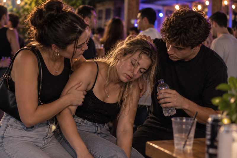 Friends Helping at a Nighttime Party
